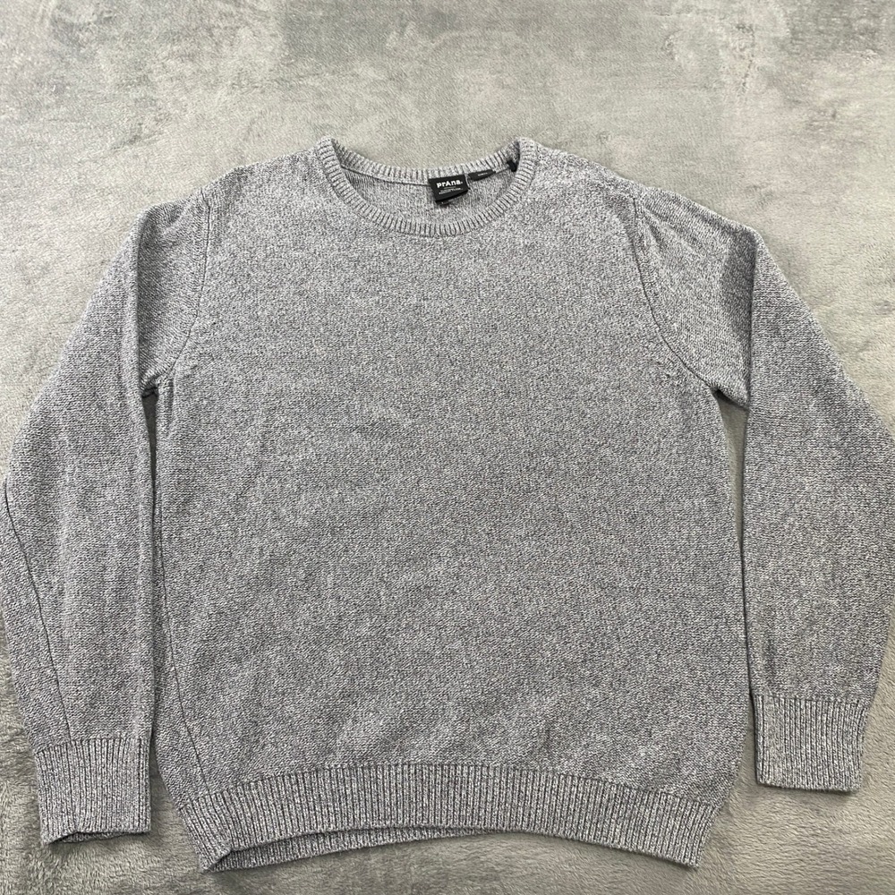 Prana Sweater Mens Large Grey Organic Cotton Slim Fit Crewneck Knit Preppy Eco